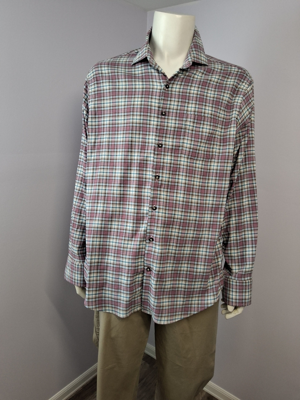 Men's Multicolor Plaid Woven Long Sleeve Point Collar Button-Up Shirt L/XL
